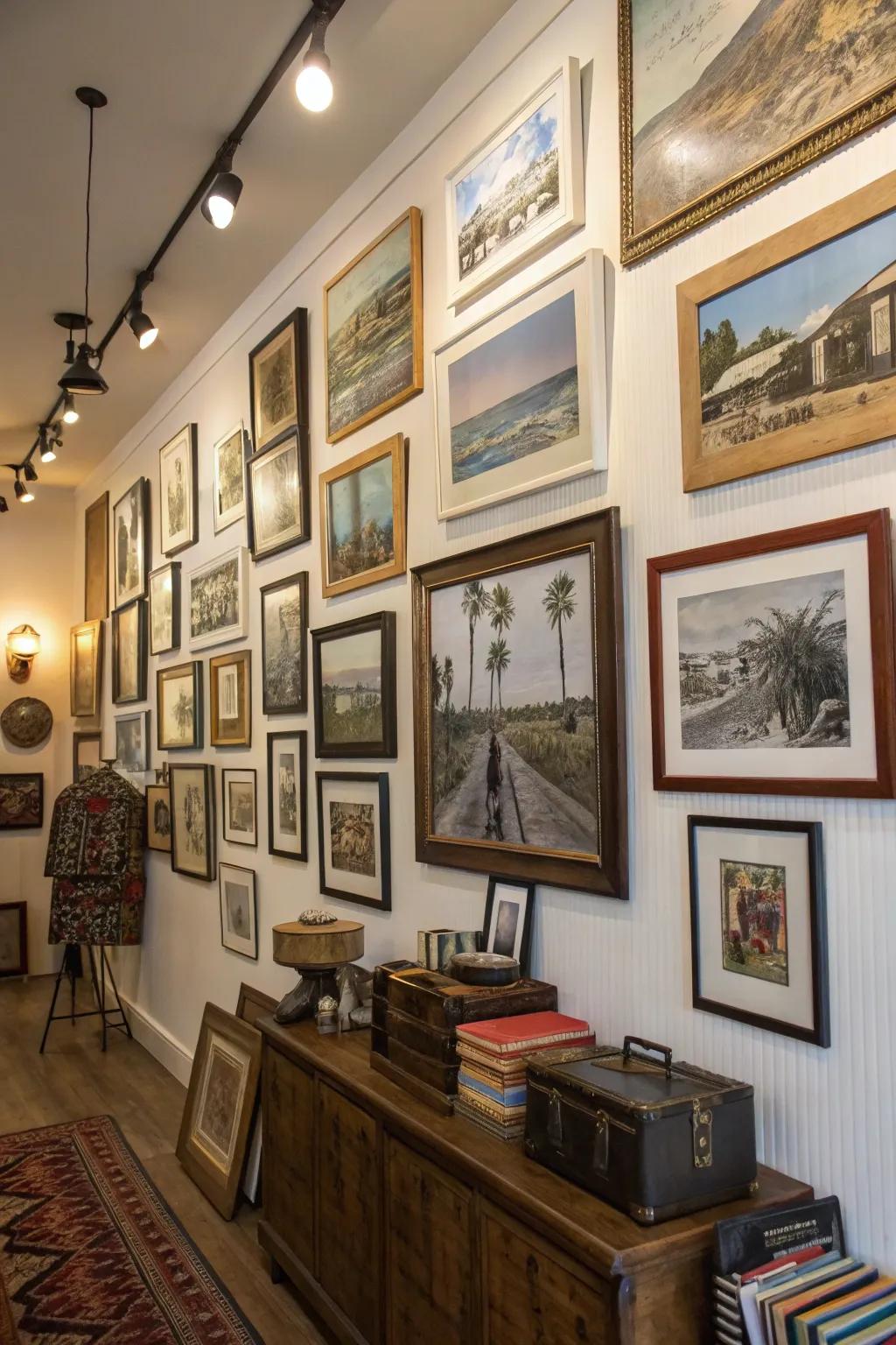 A customized gallery display in a farmhouse setting.