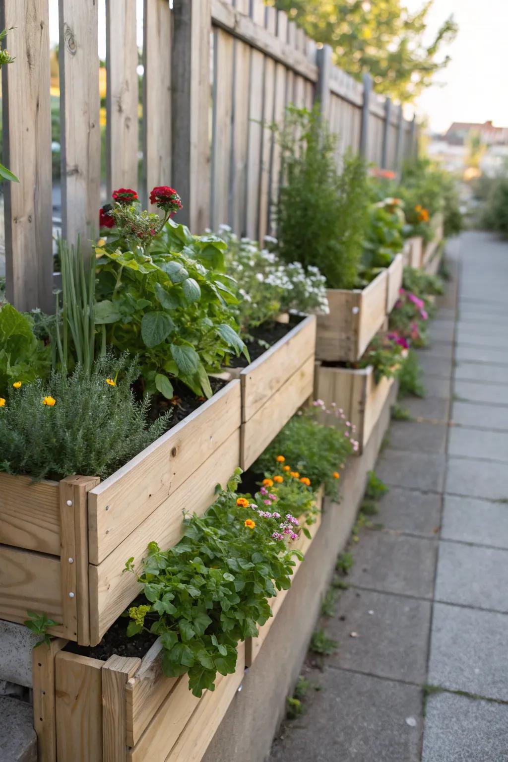 Planter boxes elevate garden displays to the eye's perspective.
