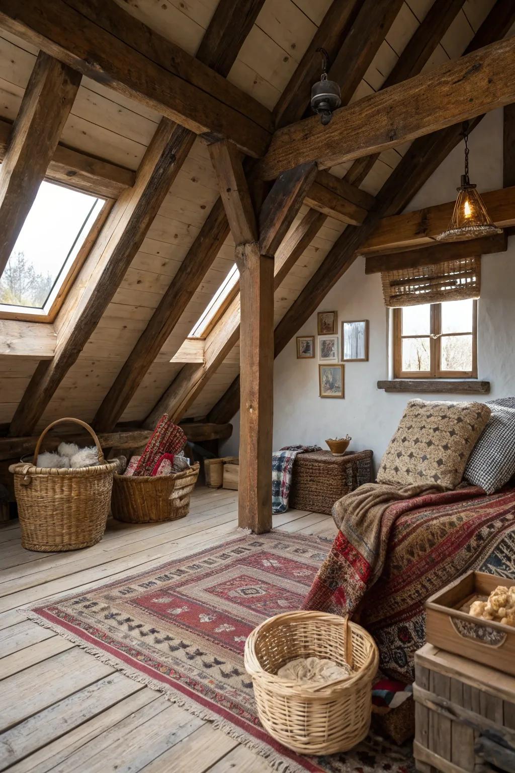 A country-style attic retreat blending natural elements with comforting design.