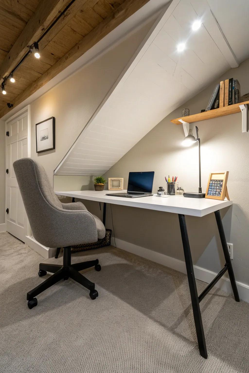 Discover focus and boost productivity within a crawl space office.
