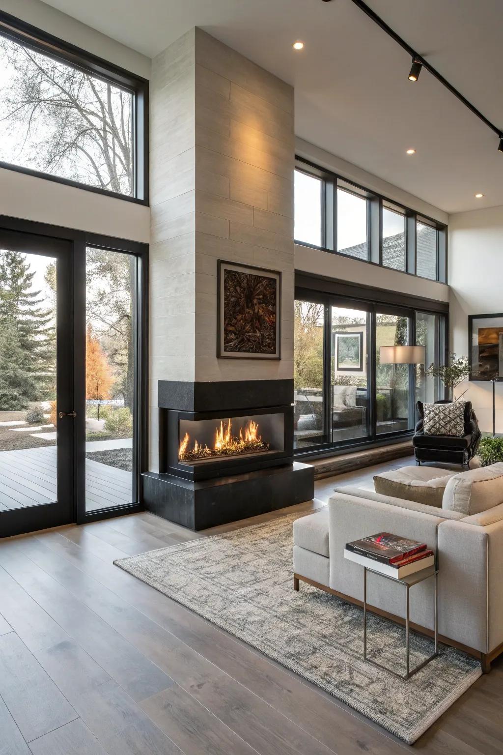 Clear fireplaces link and heat numerous areas.