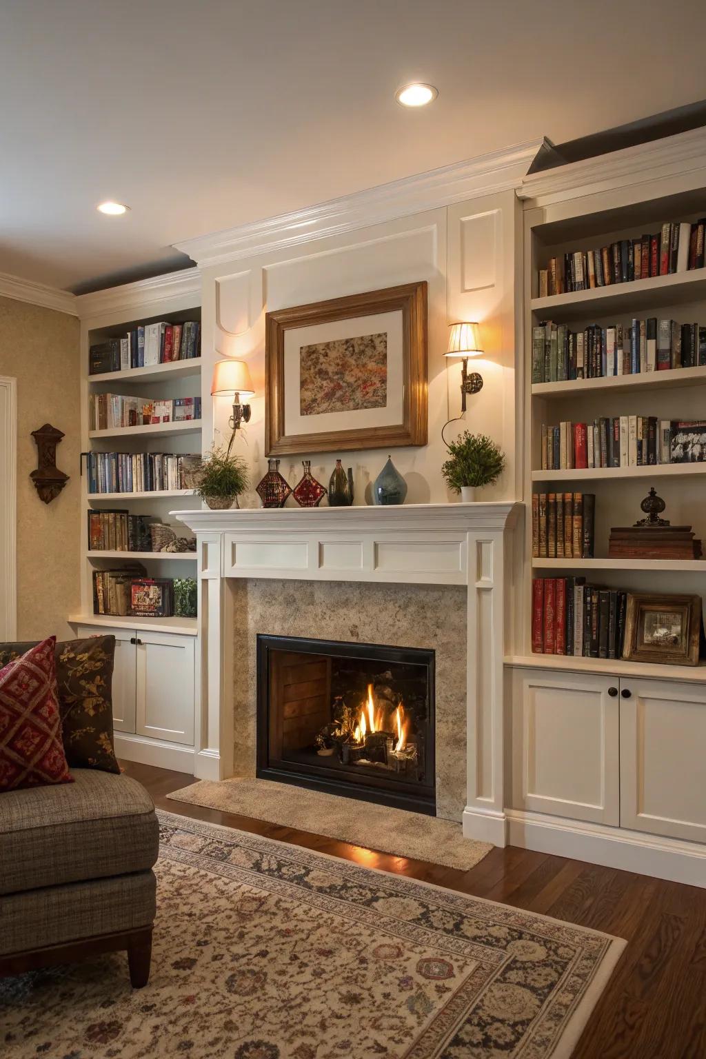 Built-in shelves contribute practicality and appeal to your fireplace.