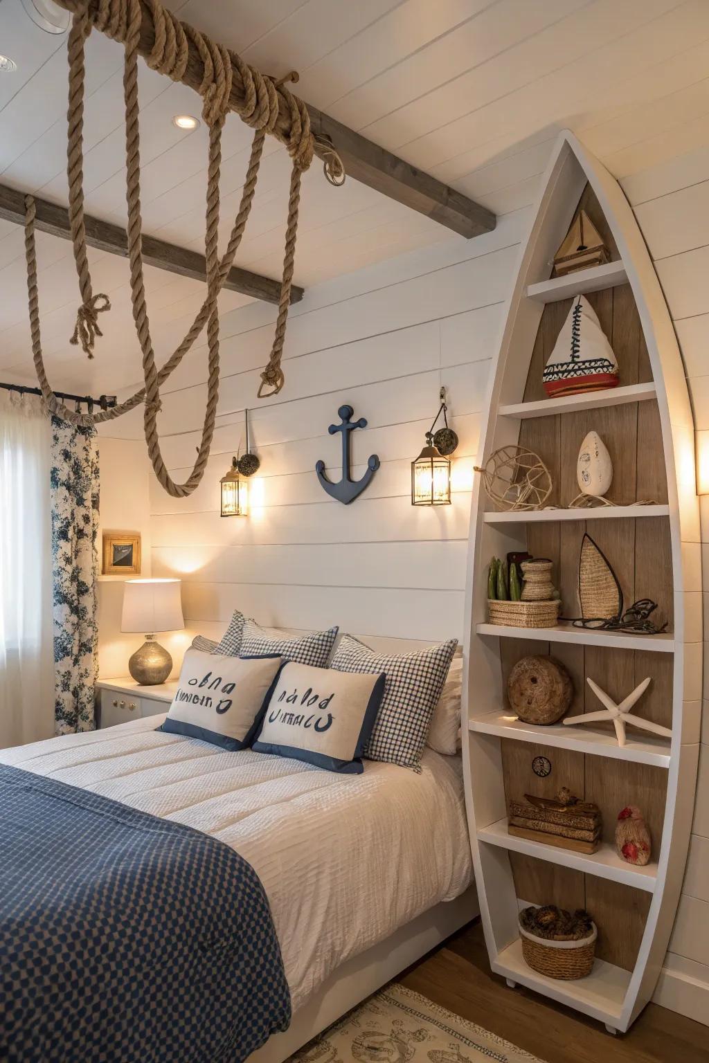 Boat-inspired furniture enriches a playful marine aspect.