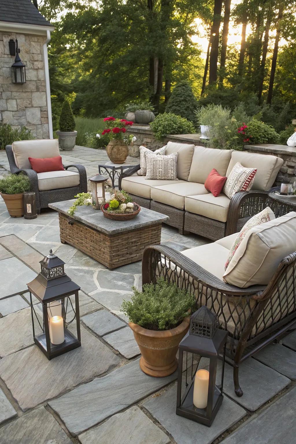 A snug external lounge situated on a flagstone patio.