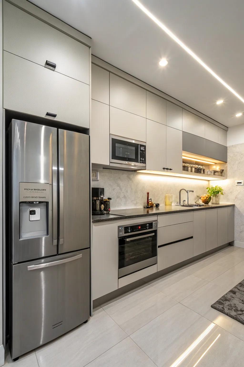 A modern kitchen design featuring streamlined forms and contemporary fixtures.