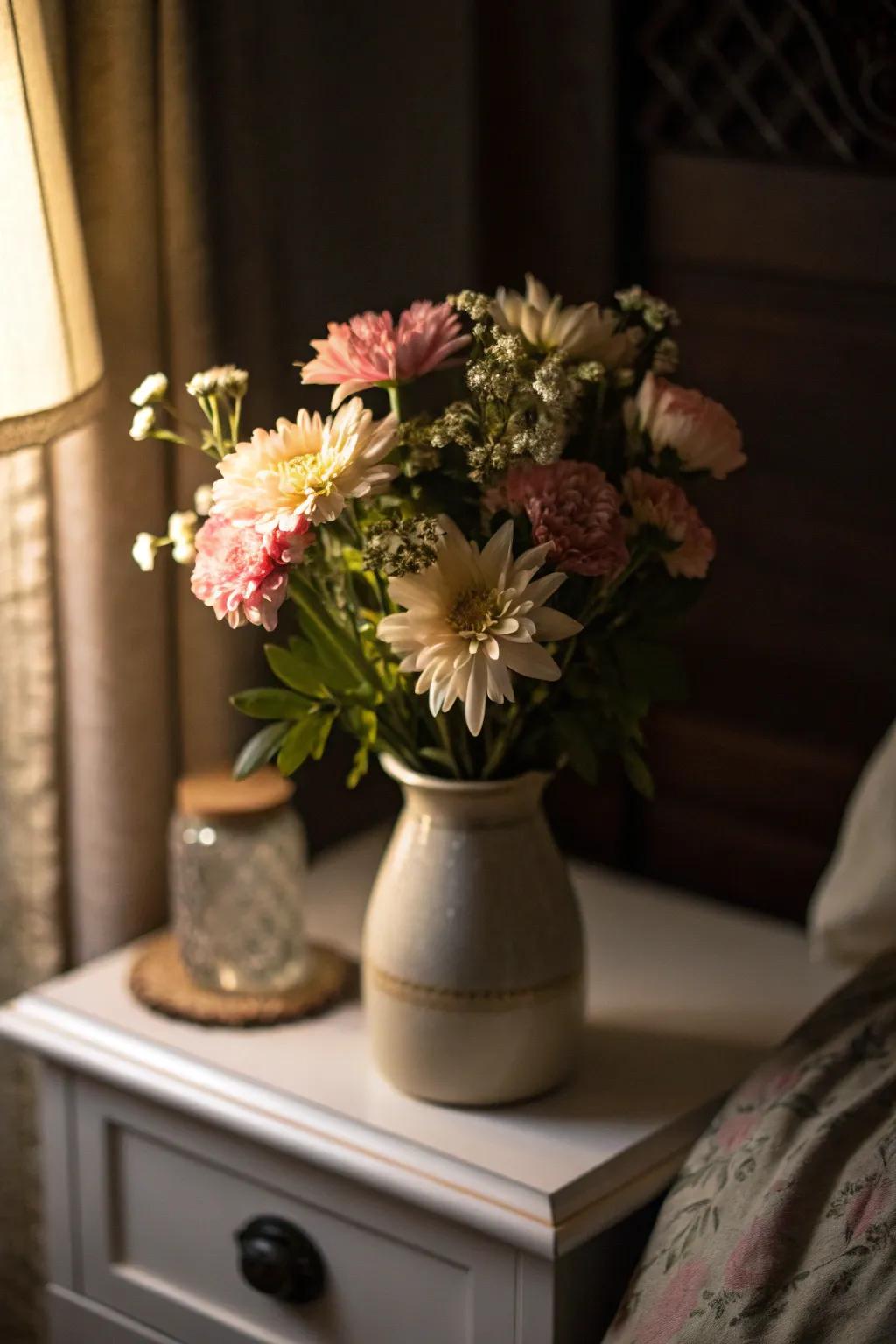 A charming mini bouquet brightening up a cozy nightstand.