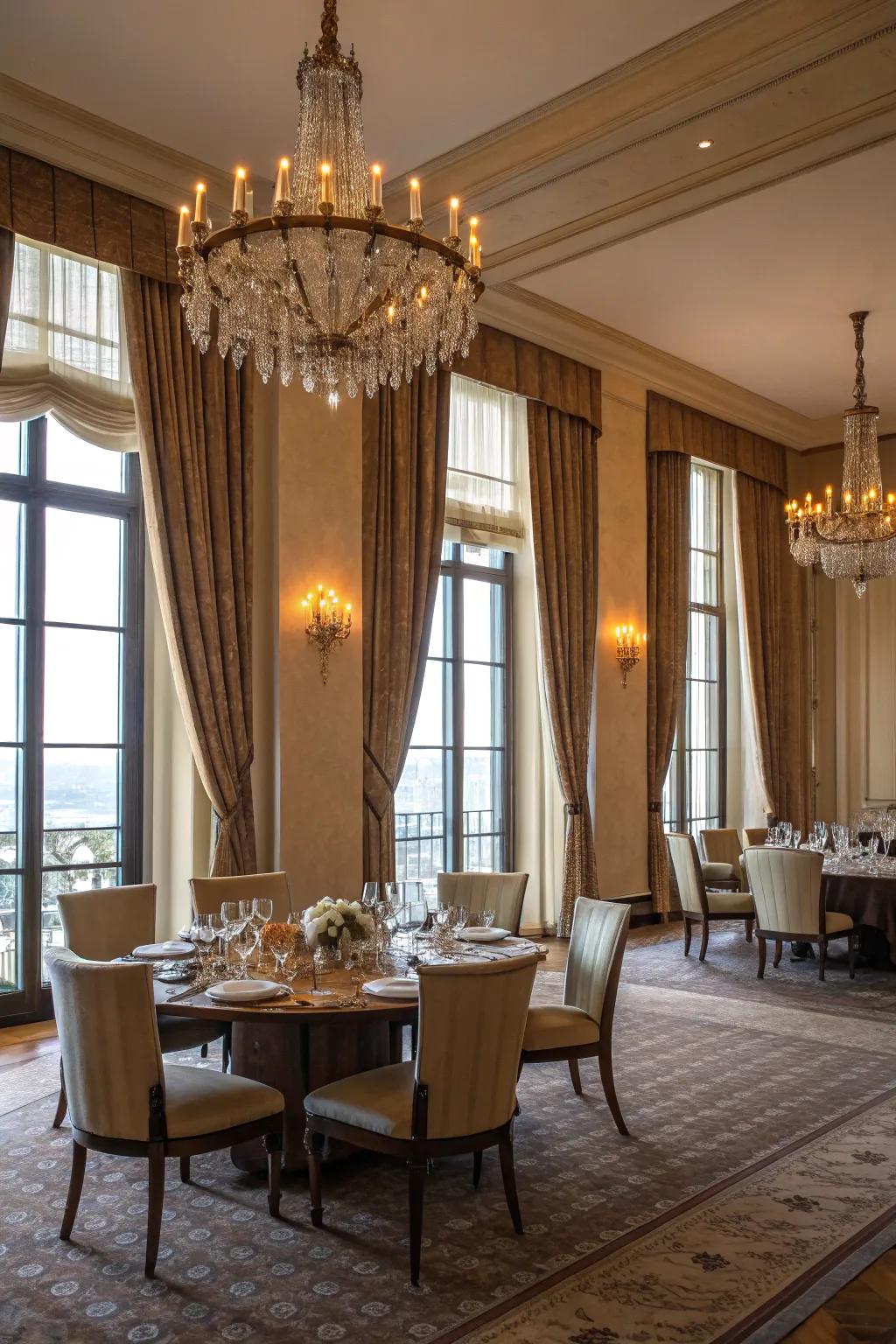 Extended length window coverings add grandeur to this dining area.