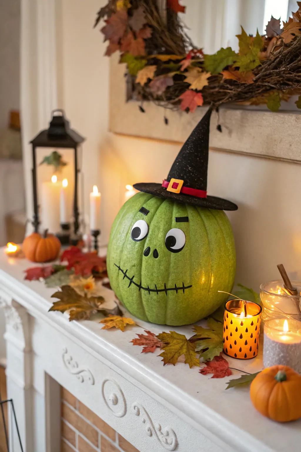A witch hat adds a festive touch to your Frankenstein pumpkin.
