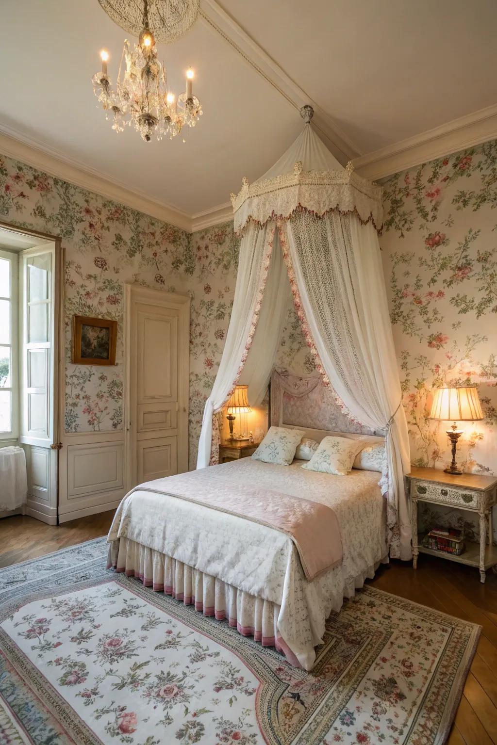 Floral wallpaper infuses a playful touch into this French bedroom.