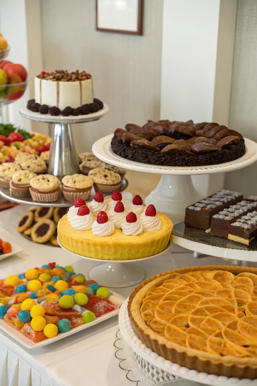 An alluring dessert display showcasing a variety of sweet delicacies.