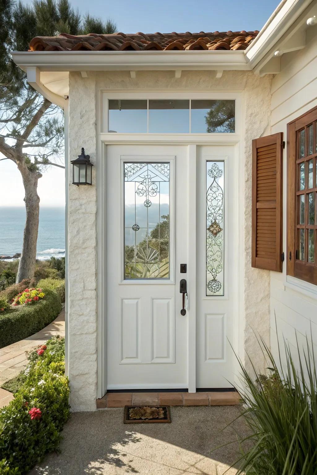A bright ivory fixture with patterned glass for a fresh and inviting entry.