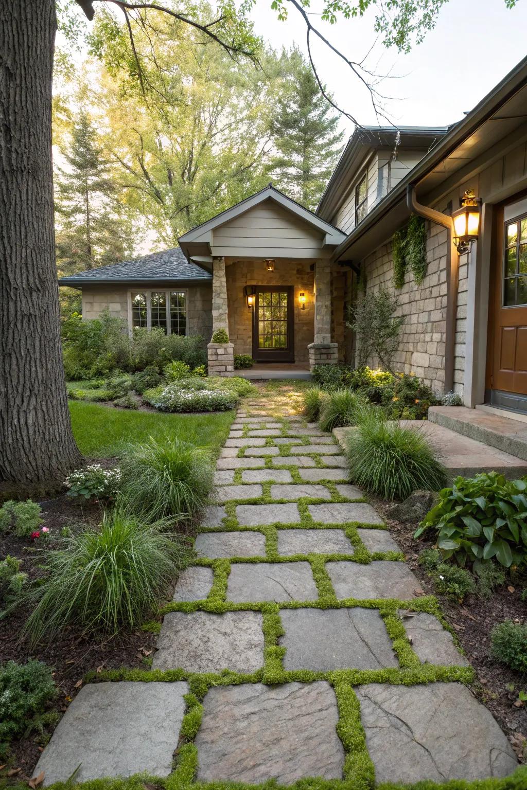 Vegetation fused with pavers culminating in a revitalized entrance.