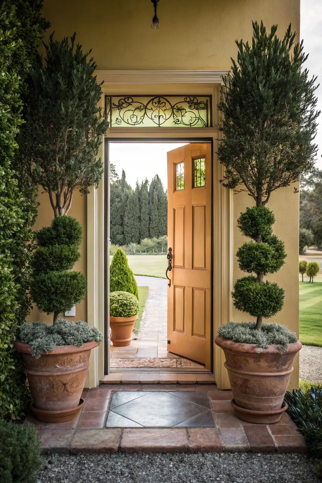 Potted plants introduce a dash of elegance to your front entrance.