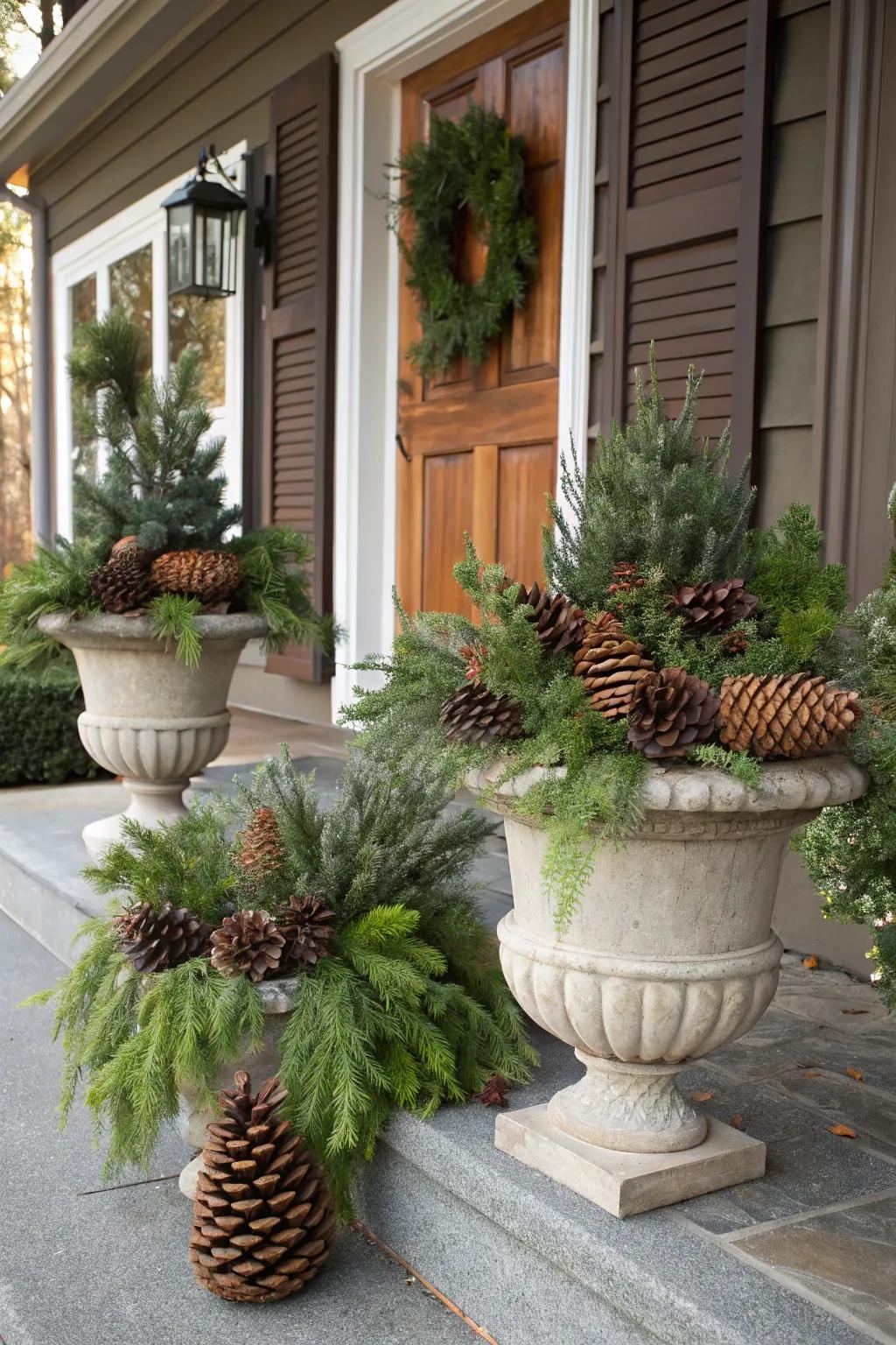 Cones and verdure impart quaint charm to your porch.