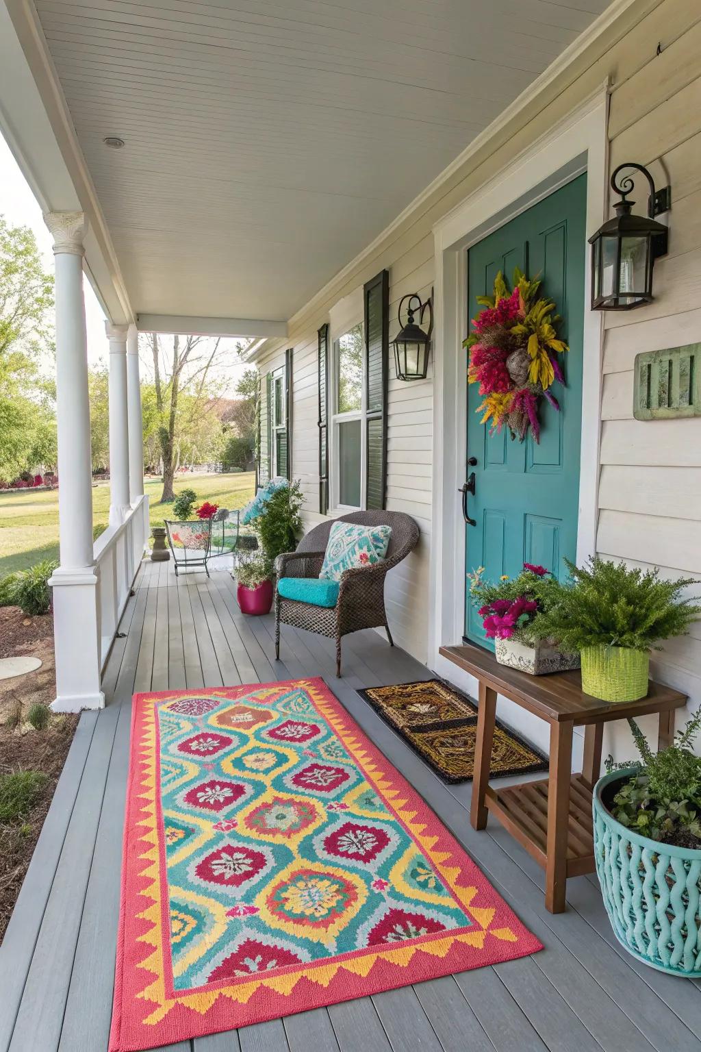 Your porch space is defined and colored by an outdoor rug.