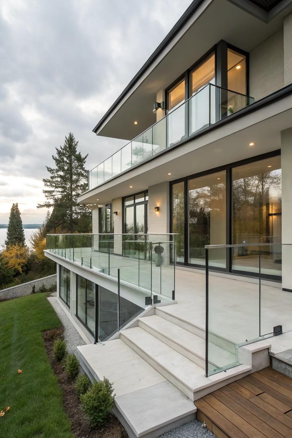Elegant glass panel railings promoting an airy sensation