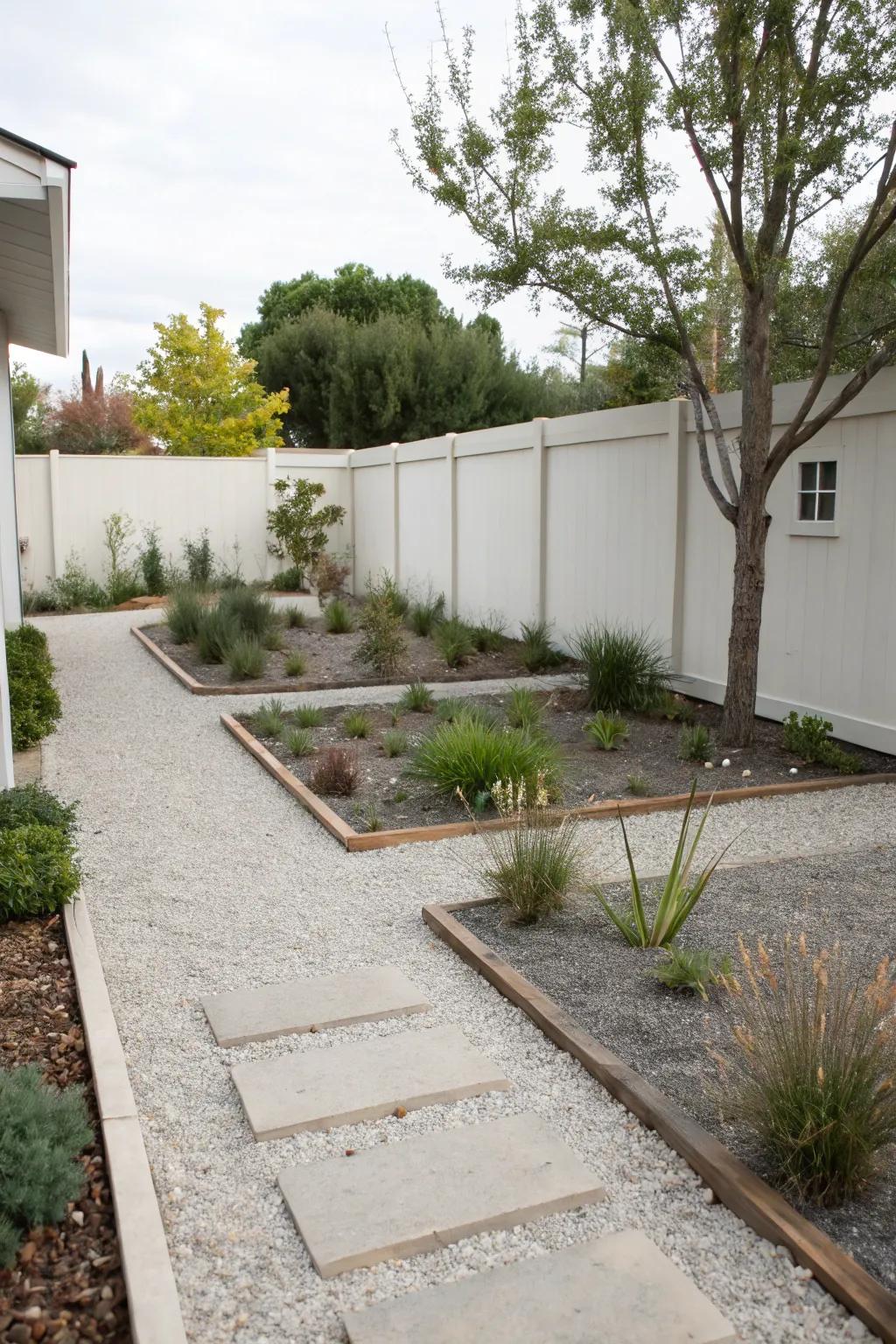 A minimalist front yard featuring streamlined gravel pathways and sparse vegetation.