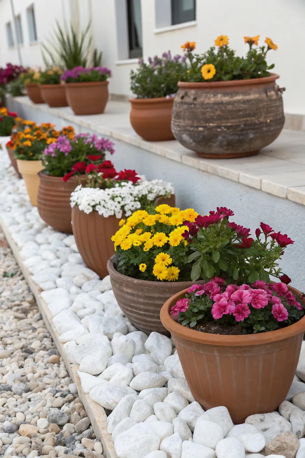 Artistic containers introduce height and fascination to flat terrains.