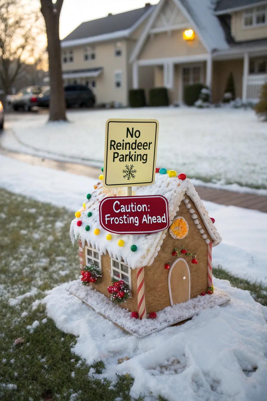 A gingerbread house featuring funny signs