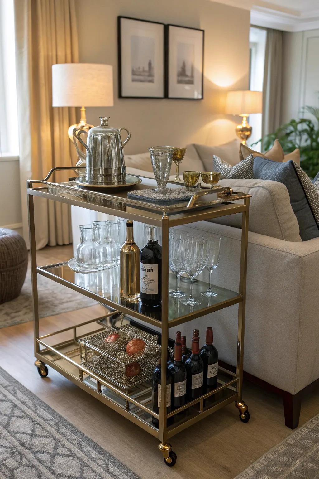 A bar cart located behind the sofa, all set for entertaining guests.