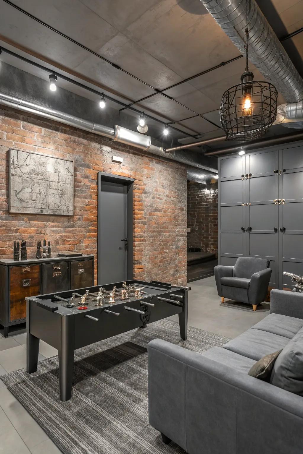 Modern industrial style adds a contemporary edge to your game room.