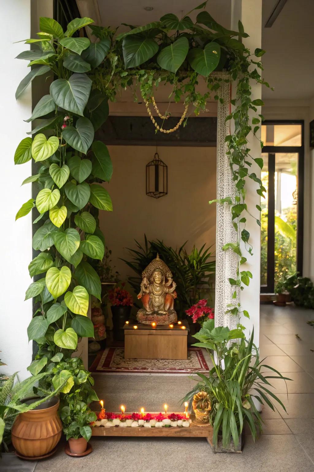 Verdure incorporating a refreshing accent to the Ganpati arrangement.