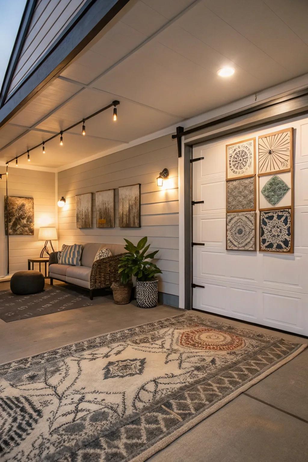 Decorative elements bring warmth and individuality to the garage.