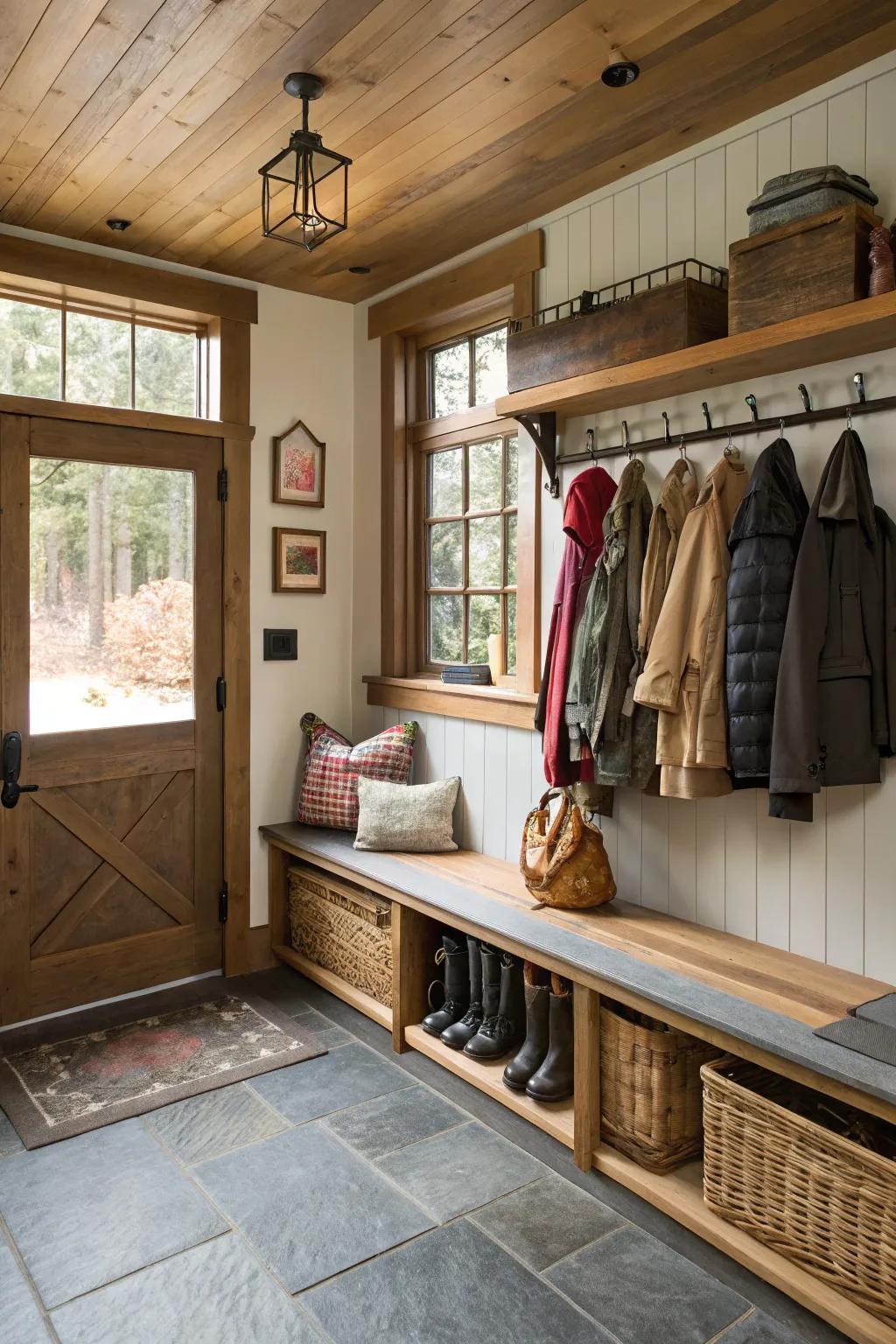 A functional mudroom arrangement within a garage space.