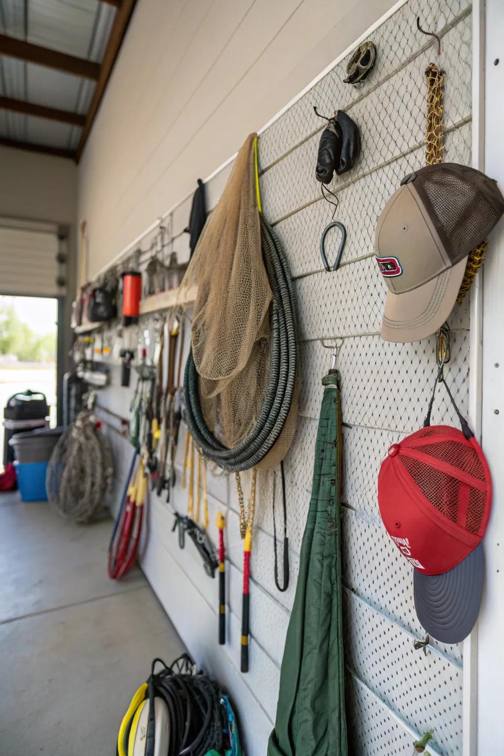 Hangers and clasps provide adaptable storage options for efficiently suspending fishing equipment.