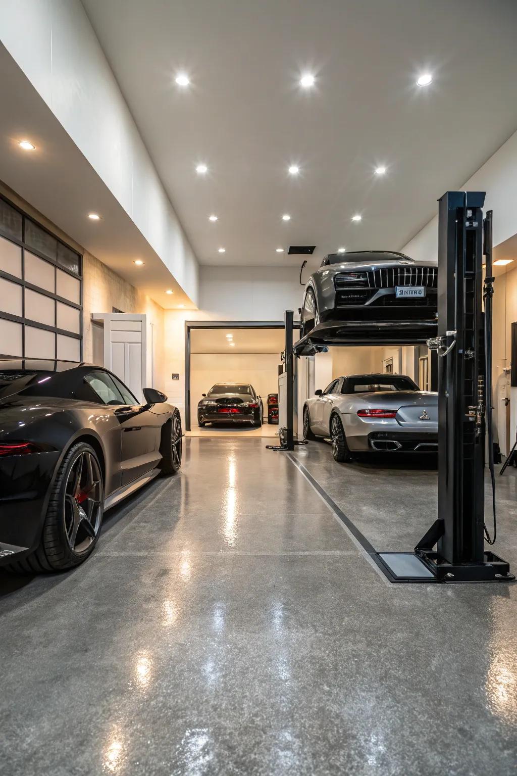 Luxury garages with high-tech lifts offer a blend of elegance and functionality.