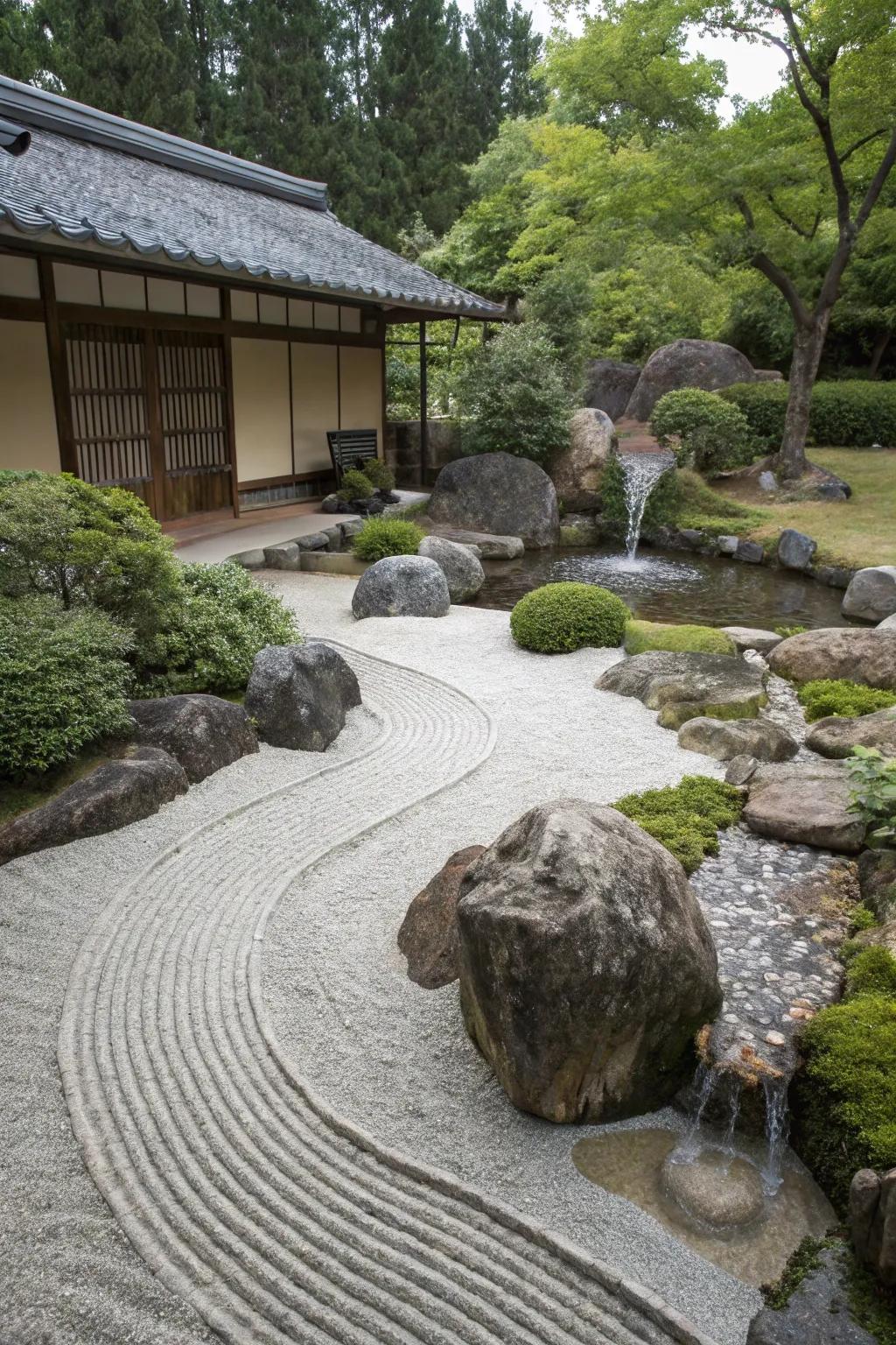 A tranquil Zen garden featuring pebbles and soothing cascade elements.