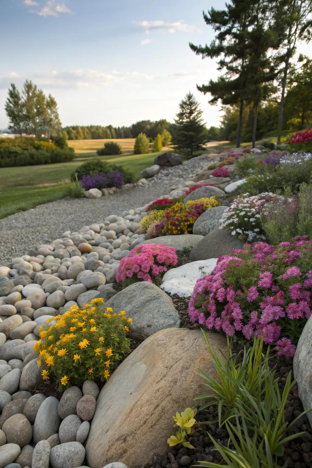 Integrate stones for a textured and genuine garden edge.