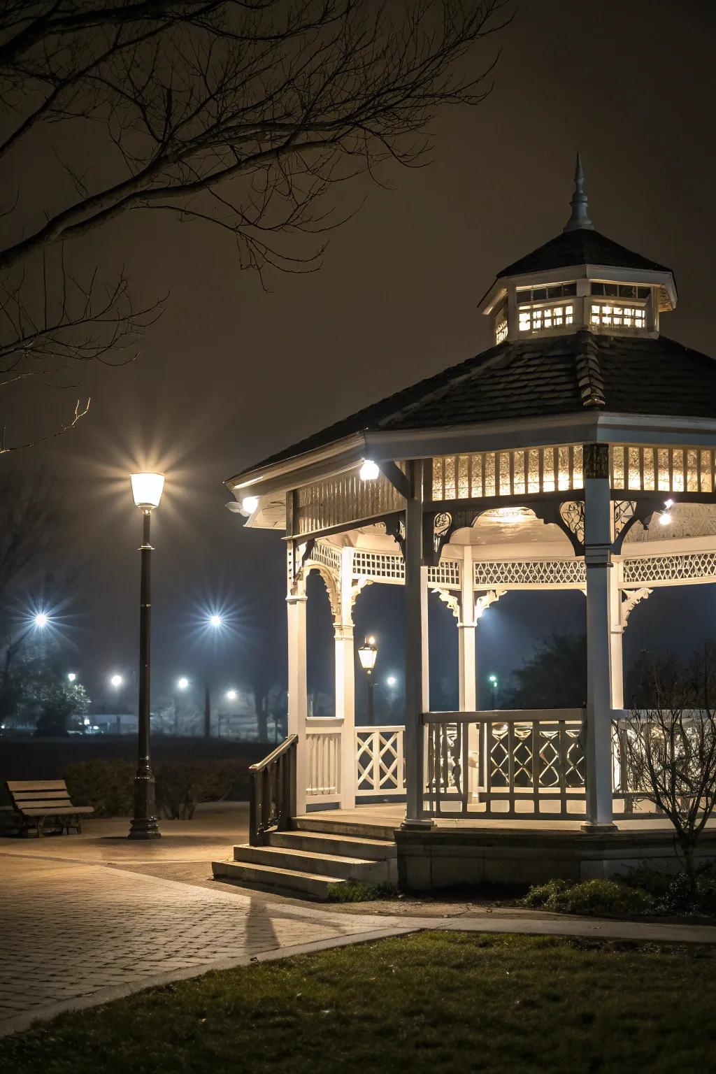 Spot illumination accentuates the architectural brilliance of your gazebo, intensifying its visual appeal.