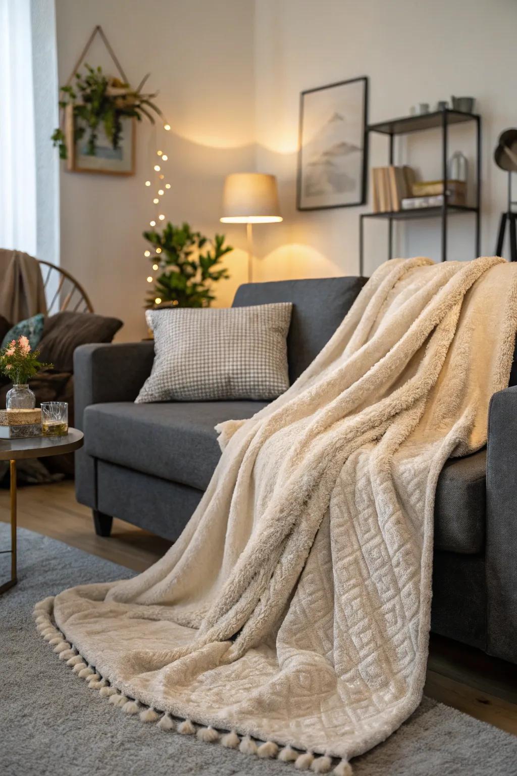 A fashionable throw complementing the domestic aesthetic.