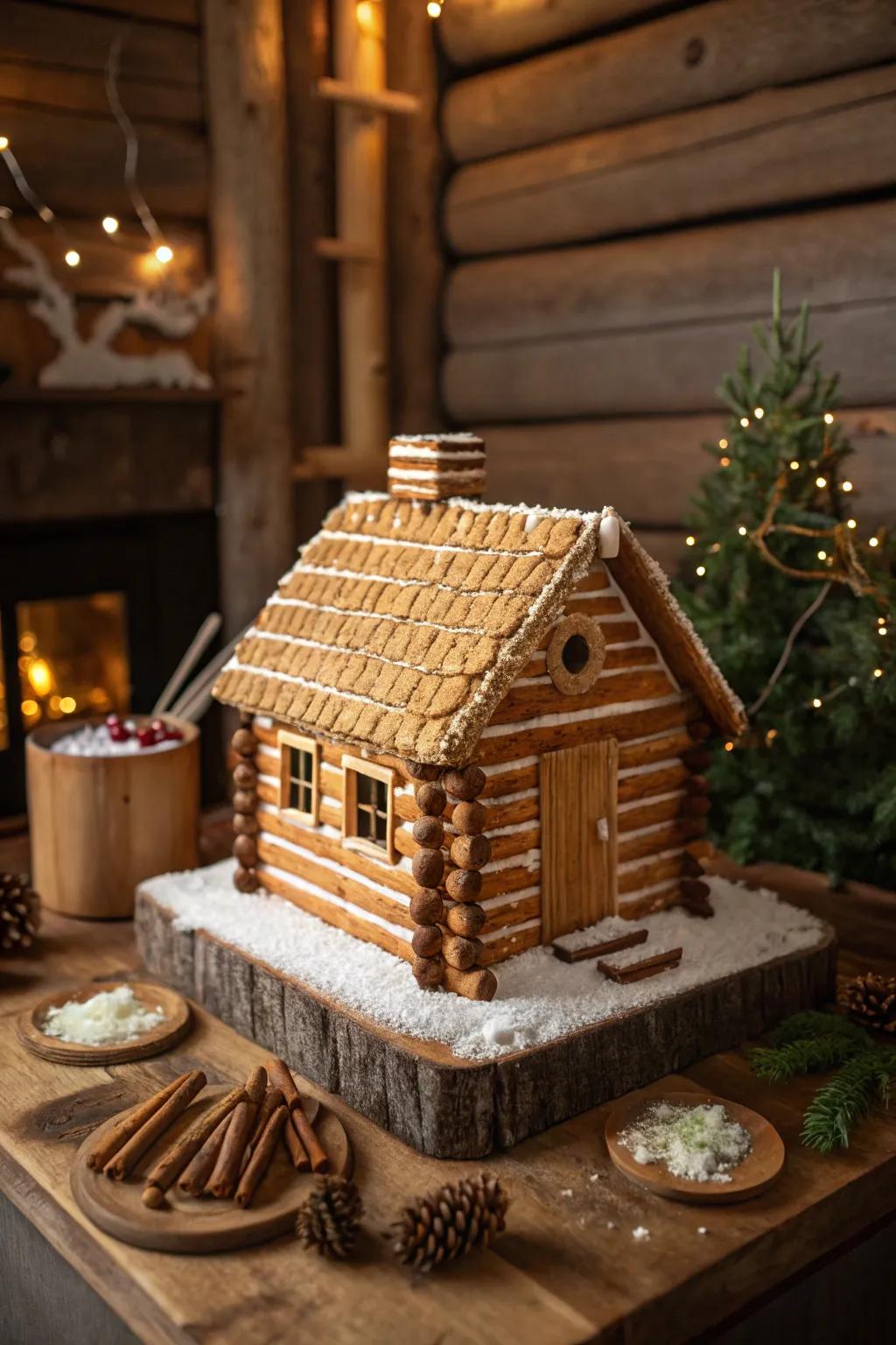 A gingerbread house featuring a salted dough cabin roof.