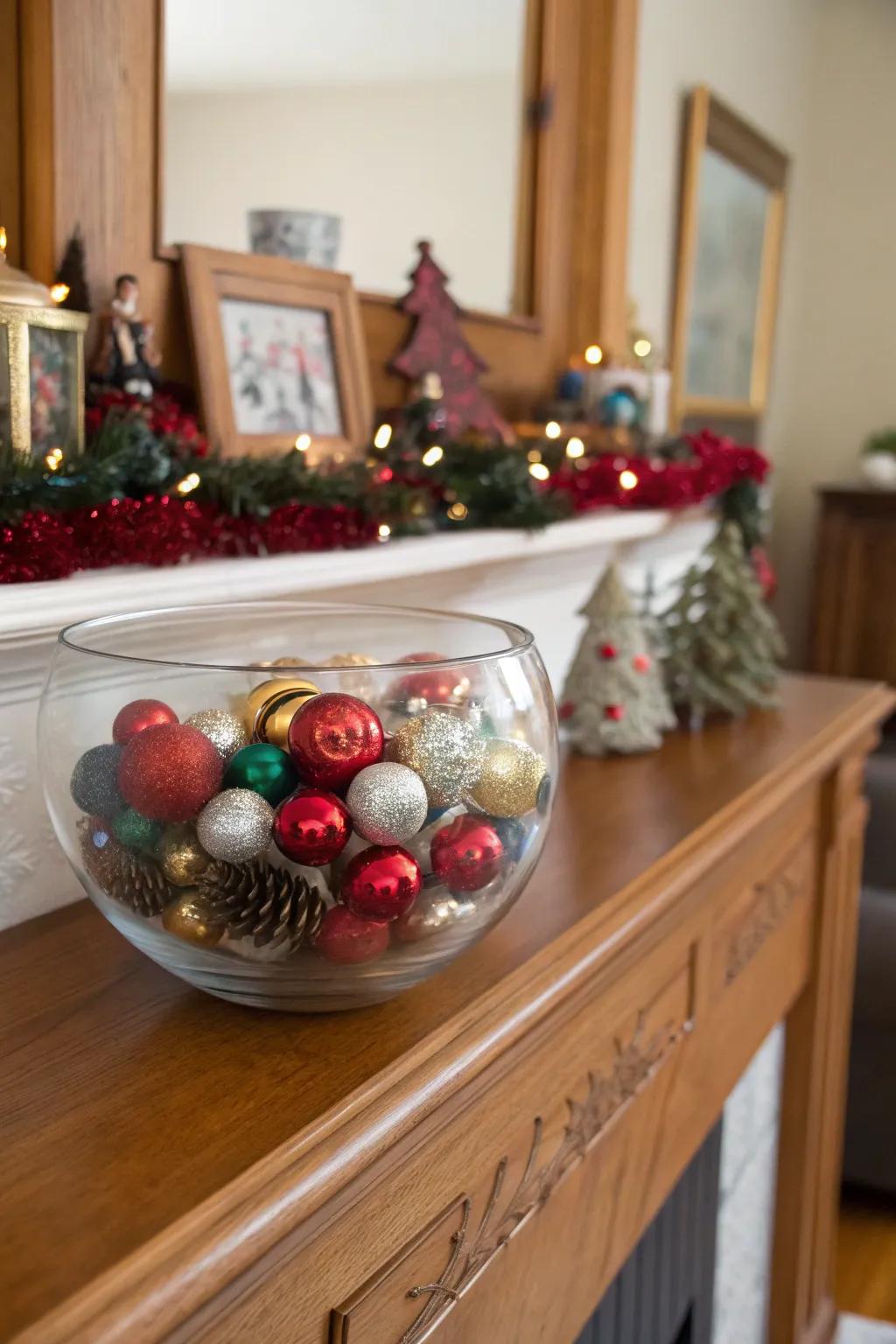 Seasonal ornaments nestled in a glass bowl add festive charm.