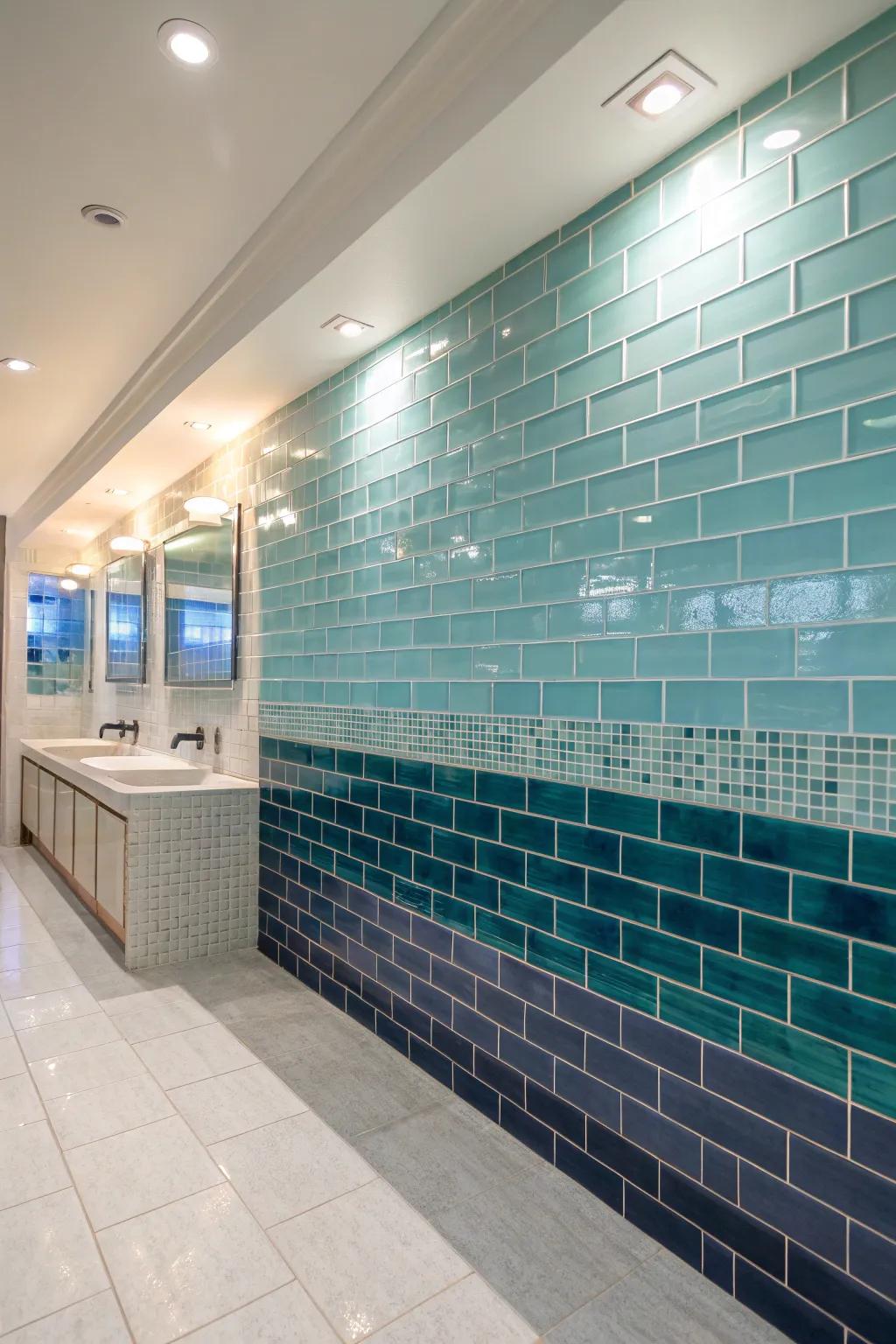 Hue gradients in glass tiles fashion a breathtaking ombre impact.