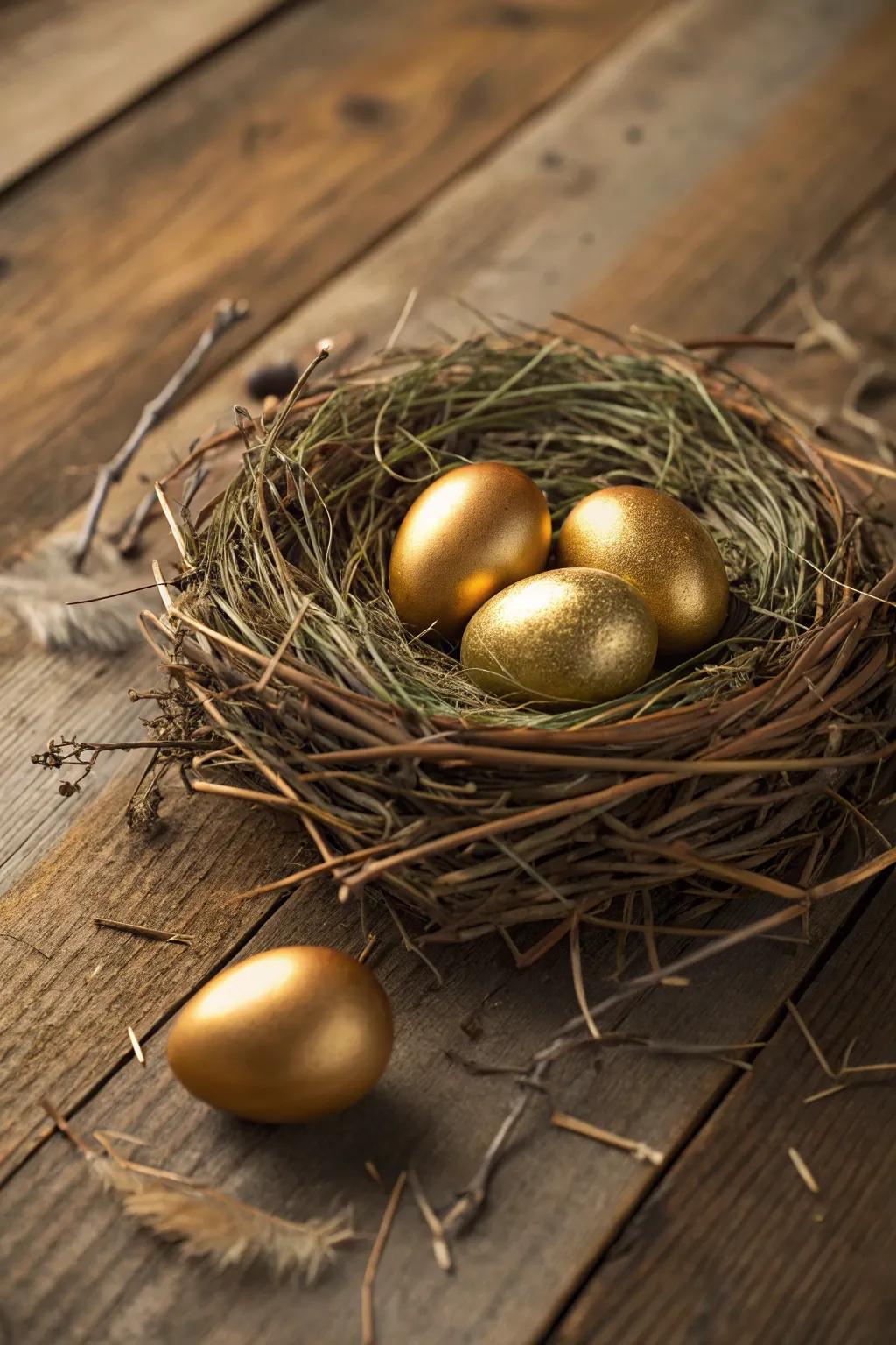 Gilded eggs nestled within a country, organic nest, ideally positioned as an Easter centerpiece.