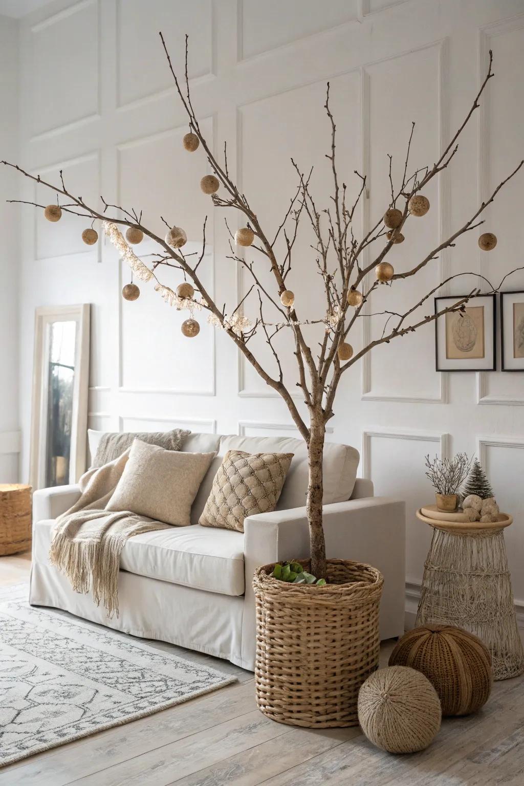 A grapevine tree adorned in neutral tones, introducing an element of sophistication.