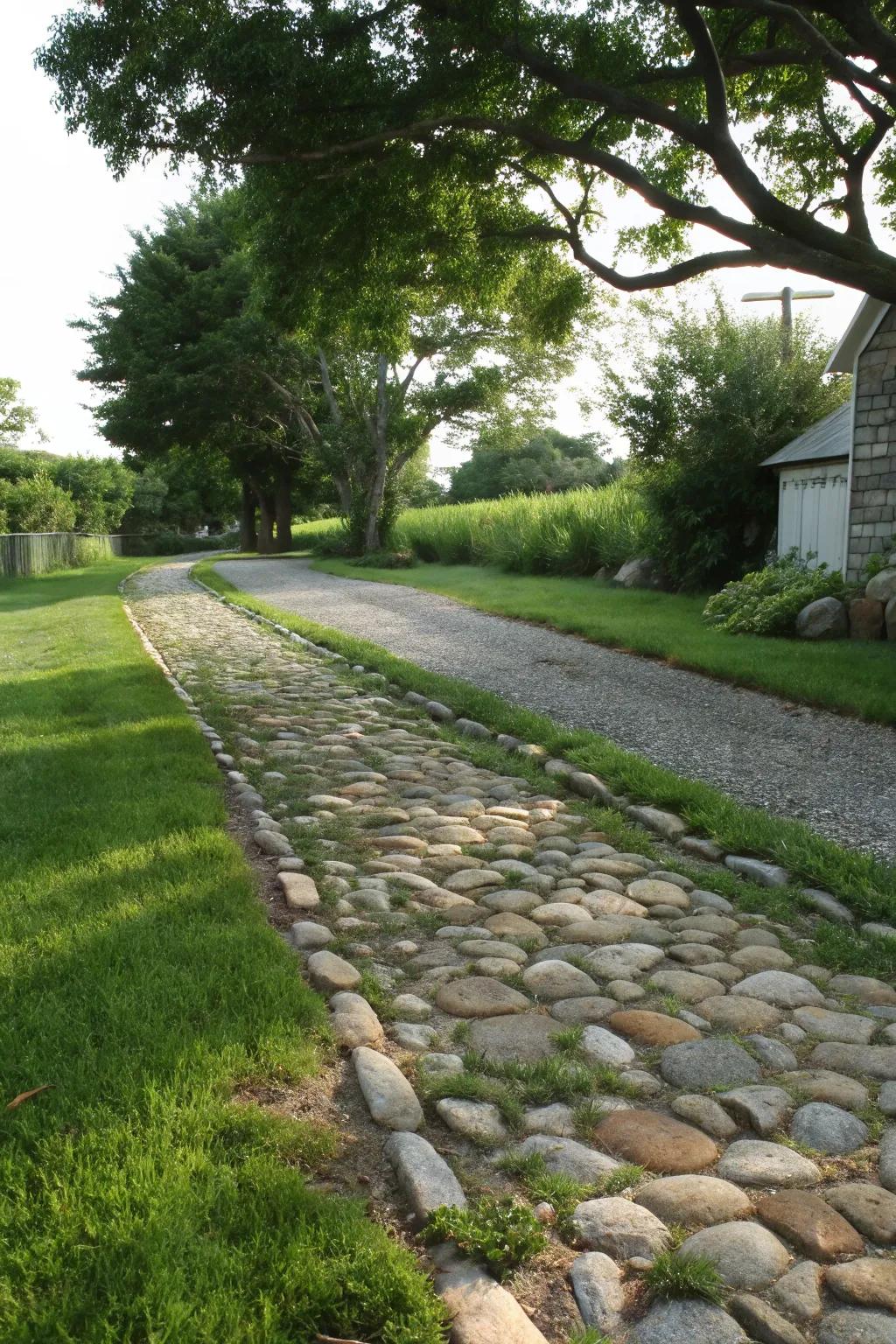 A rustic driveway showcases inherent stone combined with vibrant turf.