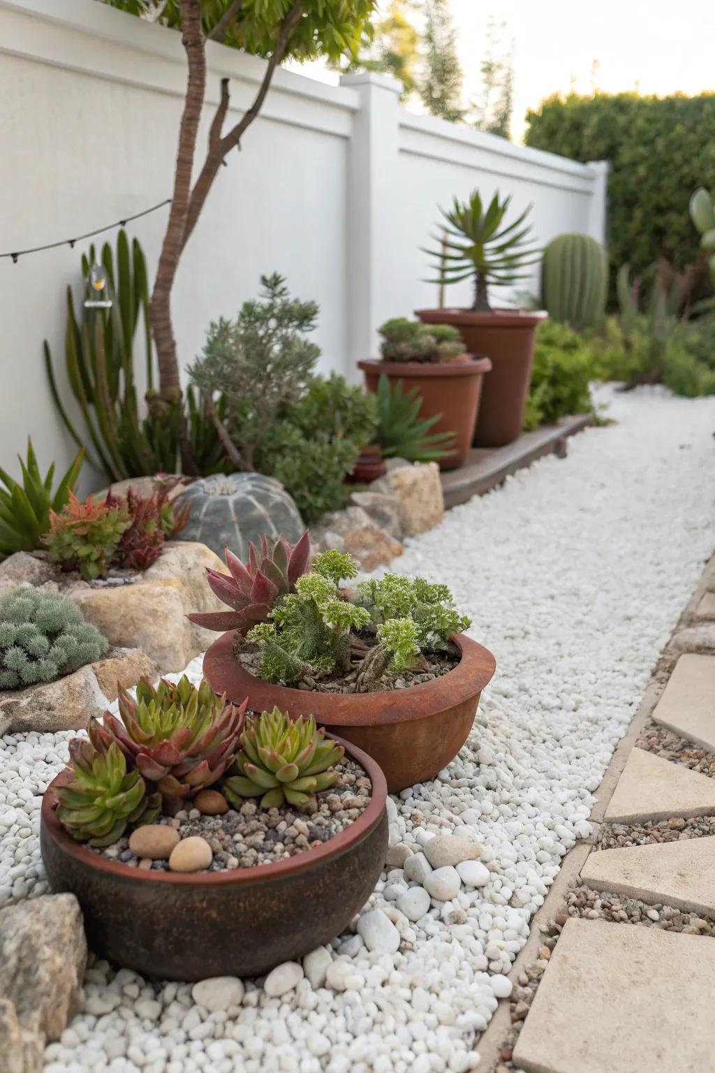 Succulents flourish within the well-draining setting of a gravel garden.