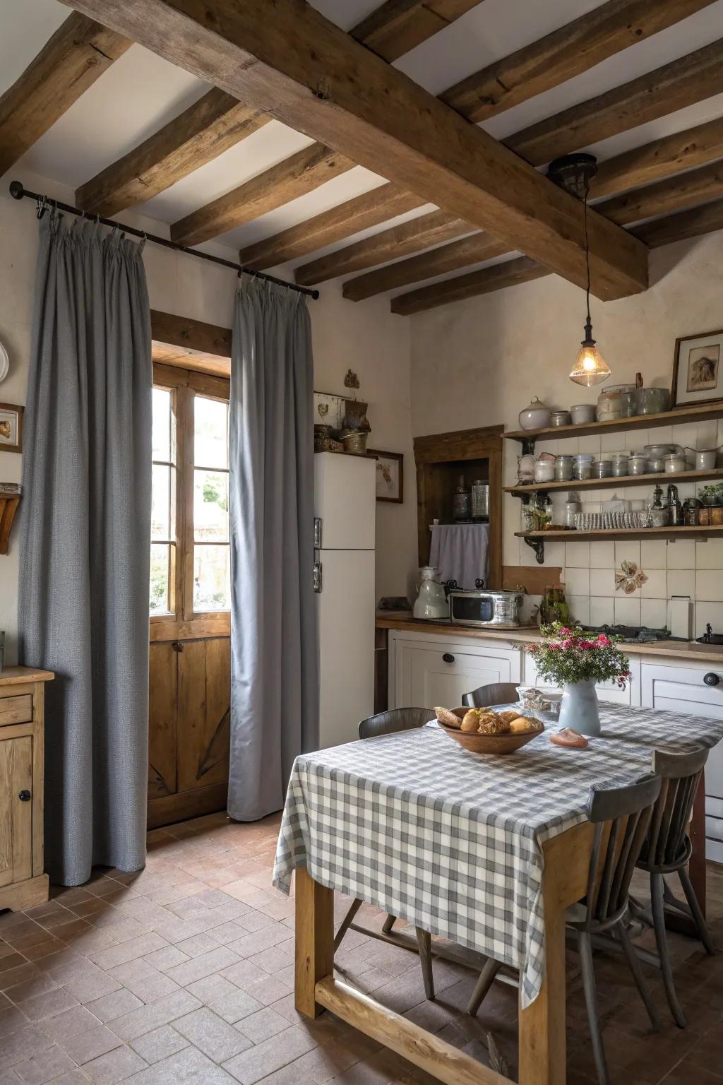 Agrarian allure with gray drapes and wooden constituents.
