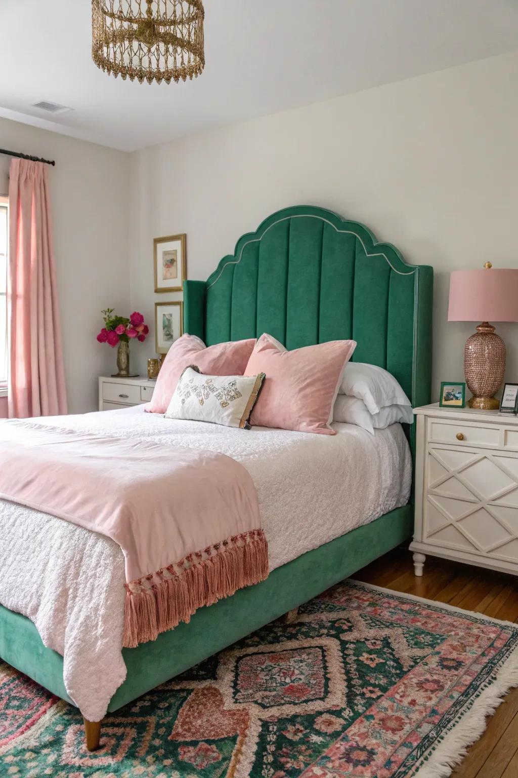An emerald verdant headboard creates a daring statement within your bedroom.