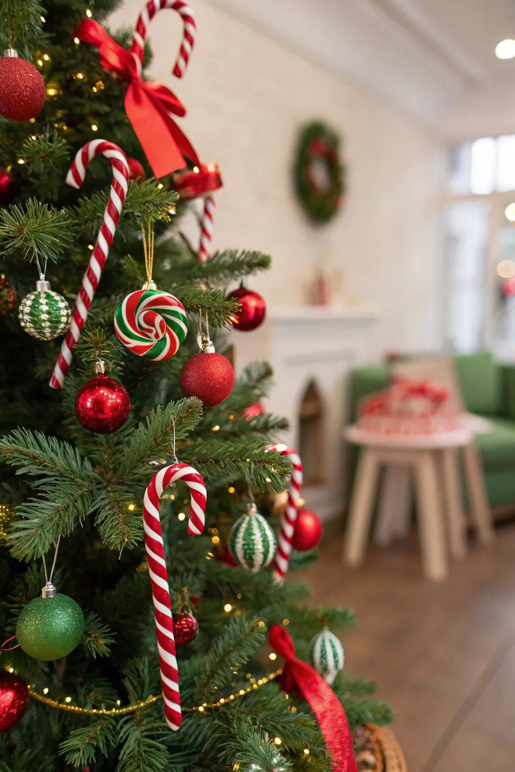A playful peppermint stick-themed Christmas tree adorned with crimson and emerald decorations.