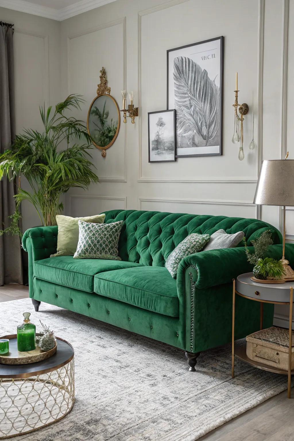 A refined monochrome lounge featuring layered green shades.