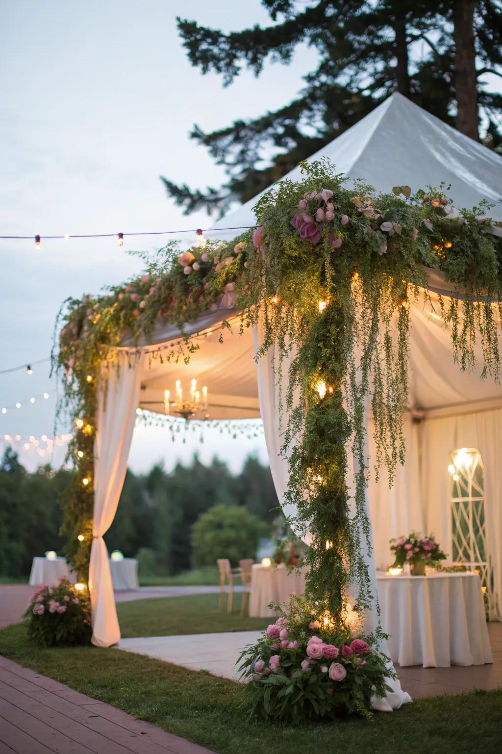 A reception under a tent, where hanging greenery crafts a magical canopy.