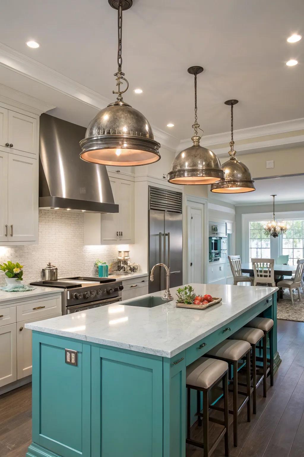Metal illumination fixtures add elegance and enhance the kitchen's glow.