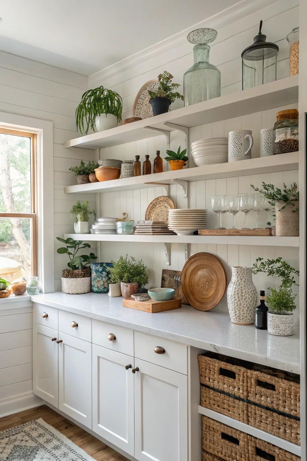 Simple display shelving set in a grey and white kitchen