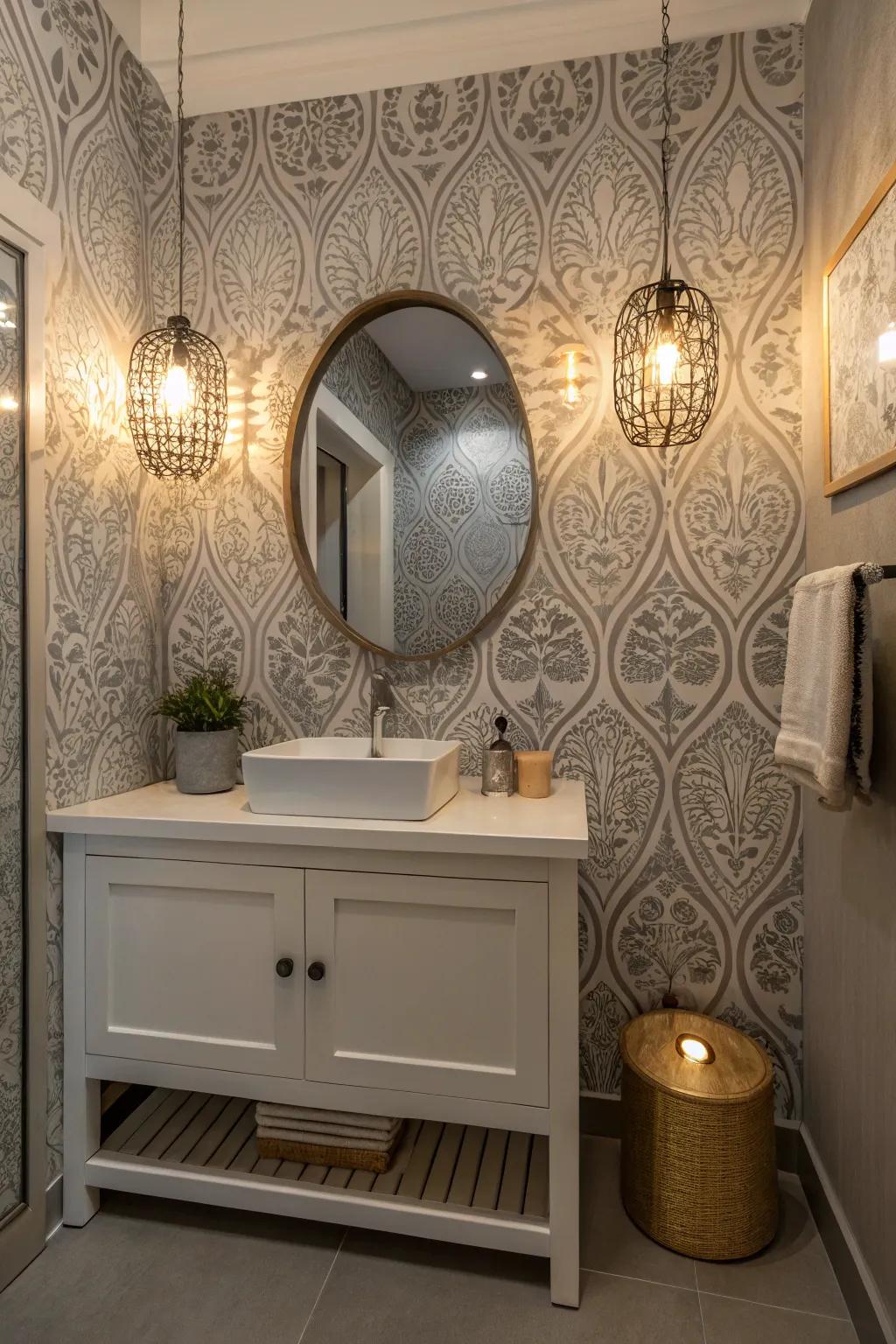 Figured grey facing infuses grain and fascination into this compact lavatory.