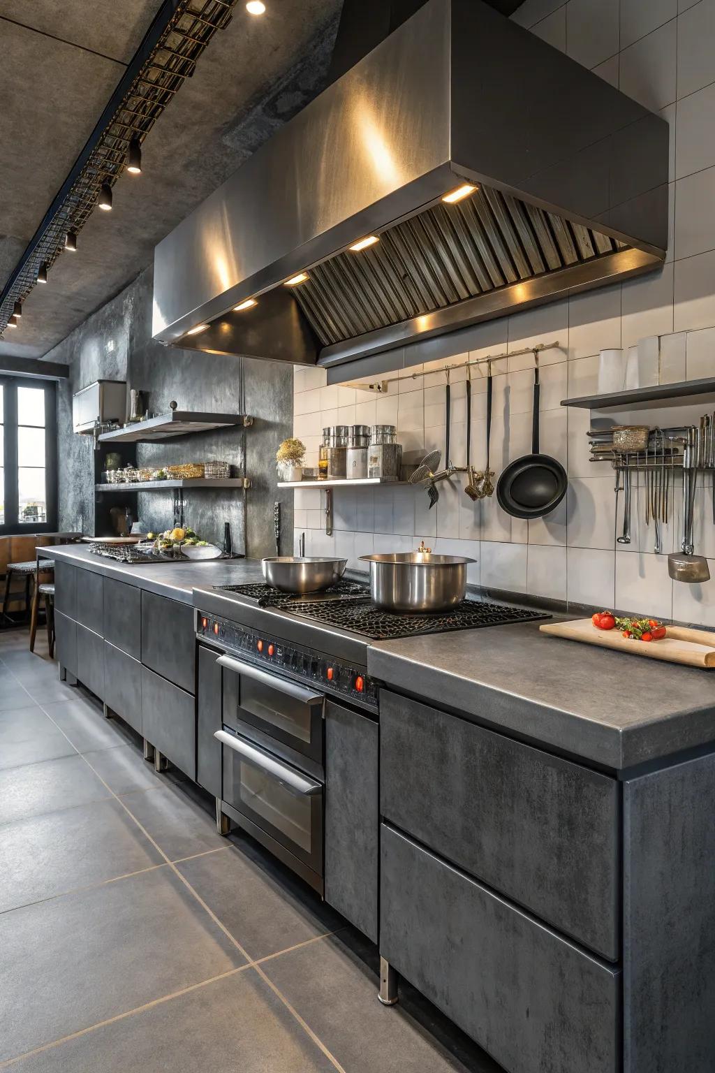 Fabrication facility kitchen featuring striking deep grey countertops.